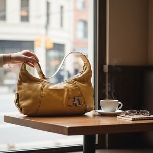 Nuovedive Italy Mustard Yellow Pebbled Leather Hobo Shoulder Bag Silver Hardware